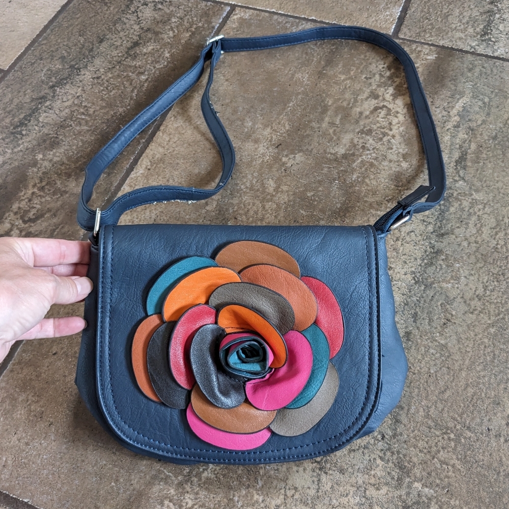 Vintage Y2K Leather Boho Colorful Floral Fall Chic Mini Crossbody Bag Gray Blue